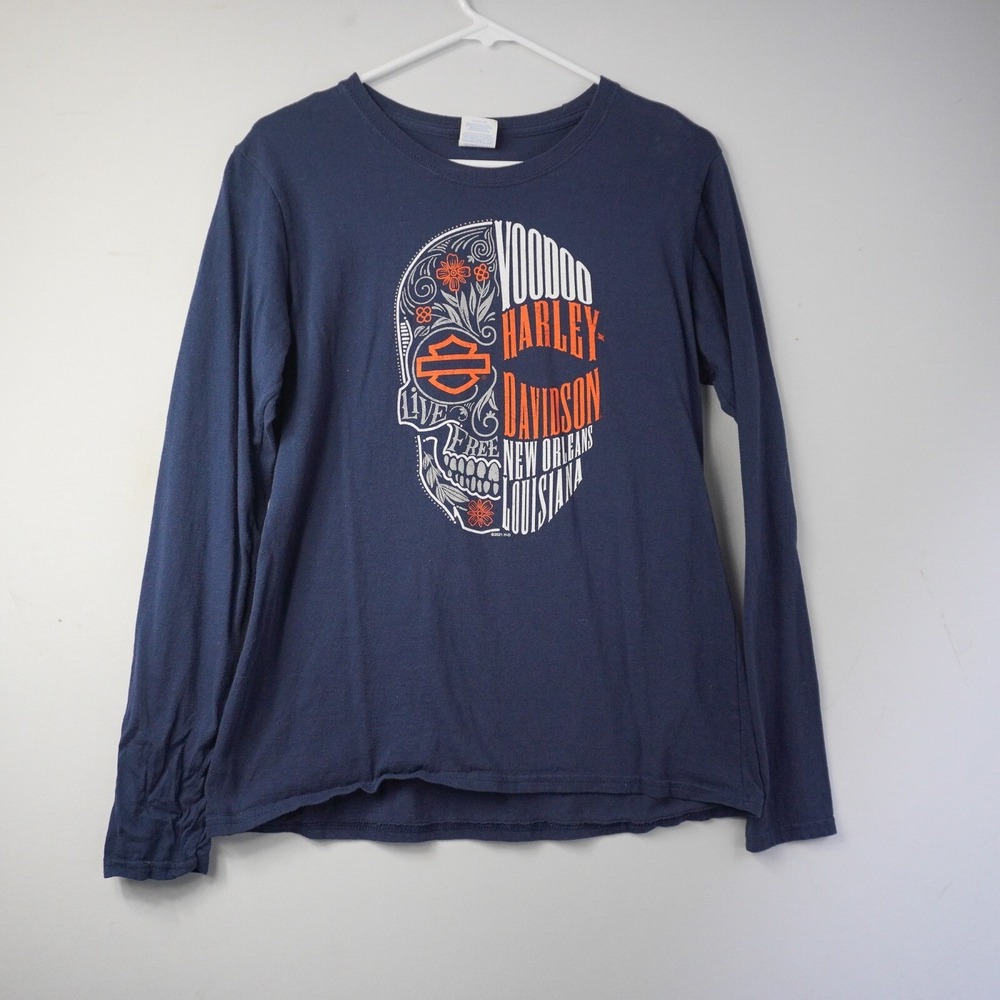Harley Davidson T-Shirt Women Medium Navy Voodoo New Orleans Skull Biker Moto